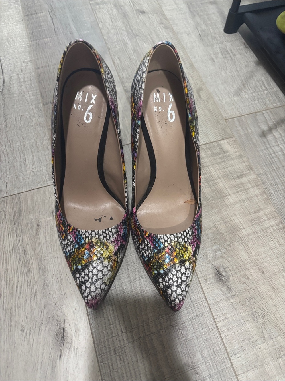 Mix No. 6 Multicolor Snake-Print Pointed Pumps — Pink, Yellow, Blue, Black